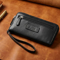 Premium Black Leather Zip-Around Wallet with Wrist Stra