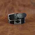 Unisex Handcrafted Black Leather Belt With Geometric Woven Strap And Antique Metal Buckle