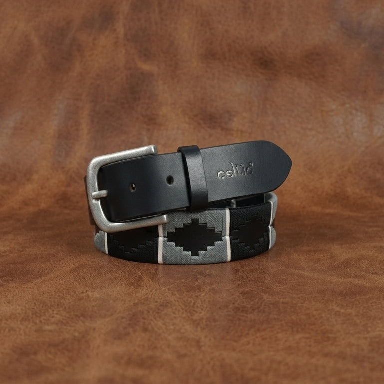 Unisex Handcrafted Black Leather Belt With Geometric Woven Strap And Antique Metal Buckle