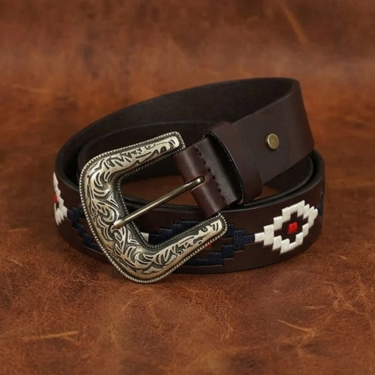 Unisex Handcrafted Ethnic Leather Belt With Geometric Fabric Inlay And Antique Metal Buckle
