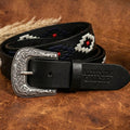 Unisex Handcrafted Black Leather Belt Aztec Pattern Antique Buckle Premium Artisan Accessory