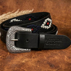Unisex Handcrafted Black Leather Belt Aztec Pattern Antique Buckle Premium Artisan Accessory