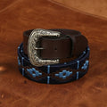 Unisex Handcrafted Leather Belt With Geometric Weave Antique Buckle Casual Wear Accessory.
