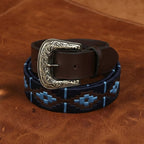 Unisex Handcrafted Leather Belt With Geometric Weave Antique Buckle Casual Wear Accessory.