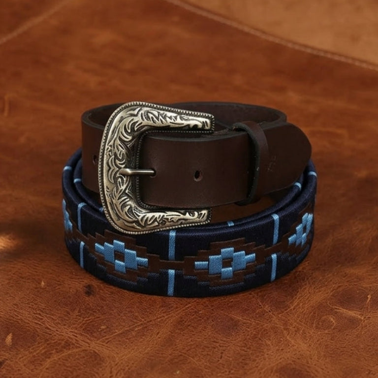 Unisex Handcrafted Leather Belt With Geometric Weave Antique Buckle Casual Wear Accessory.