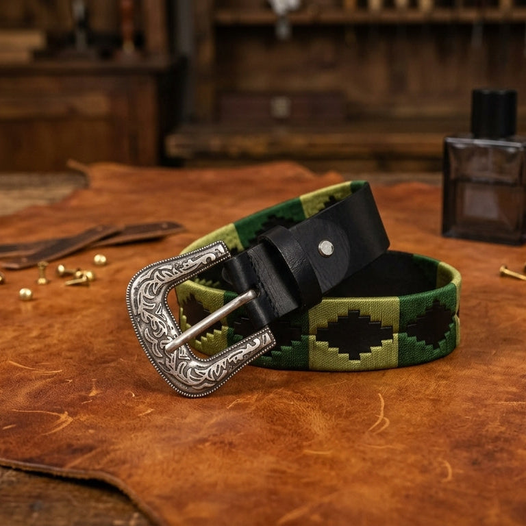 Unisex Handcrafted Leather Belt With Green Geometric Woven Strap Antique Silver Buckle