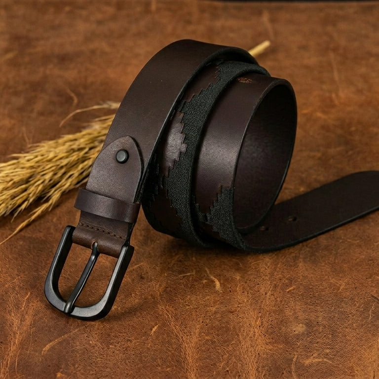 Unisex Handcrafted Leather Fabric Belt With Geometric Pattern Matte Black Buckle.