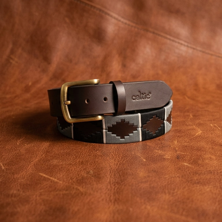 Unisex Handcrafted Brown Leather Belt With Grey Woven Inlay And Vintage Brass Buckle