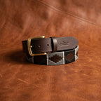 Unisex Handcrafted Brown Leather Belt With Grey Woven Inlay And Vintage Brass Buckle