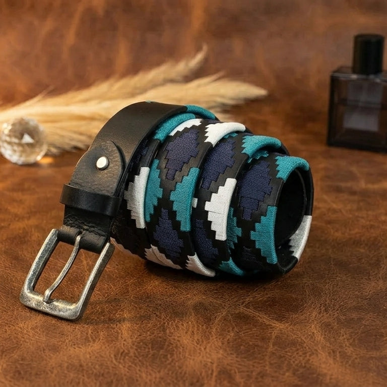 Unisex Handcrafted Leather Belt With Geometric Woven Panel And Vintage Metal Buckle