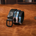 Unisex Handcrafted Leather Belt With Geometric Woven Fabric Accent And Vintage Metal Buckle