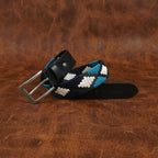 Unisex Handcrafted Woven Leather Belt With Geometric Pattern And Antique Buckle Design
