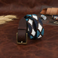 Premium Brown Leather Belt with Golden Buckle & Multi-Color Stitching.