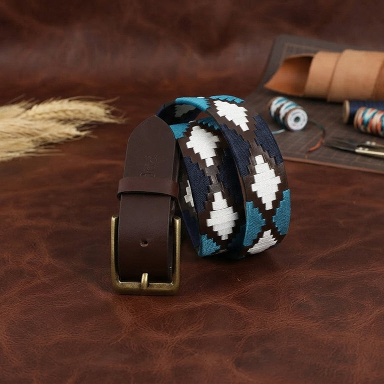 Premium Brown Leather Belt with Golden Buckle & Multi-Color Stitching.