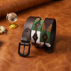 Unisex Handcrafted Genuine Leather Belt With Woven Ethnic Pattern And Matte Metal Buckle