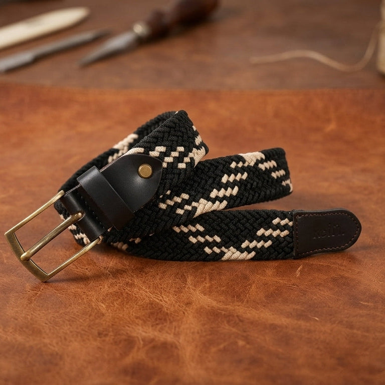 Unisex Handwoven Elastic Belt With Leather Finish And Metal Buckle For Casual Wear