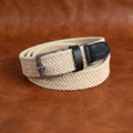 Unisex Woven Beige Belt With Black Leather Tip Silver Buckle Casual Formal Wear