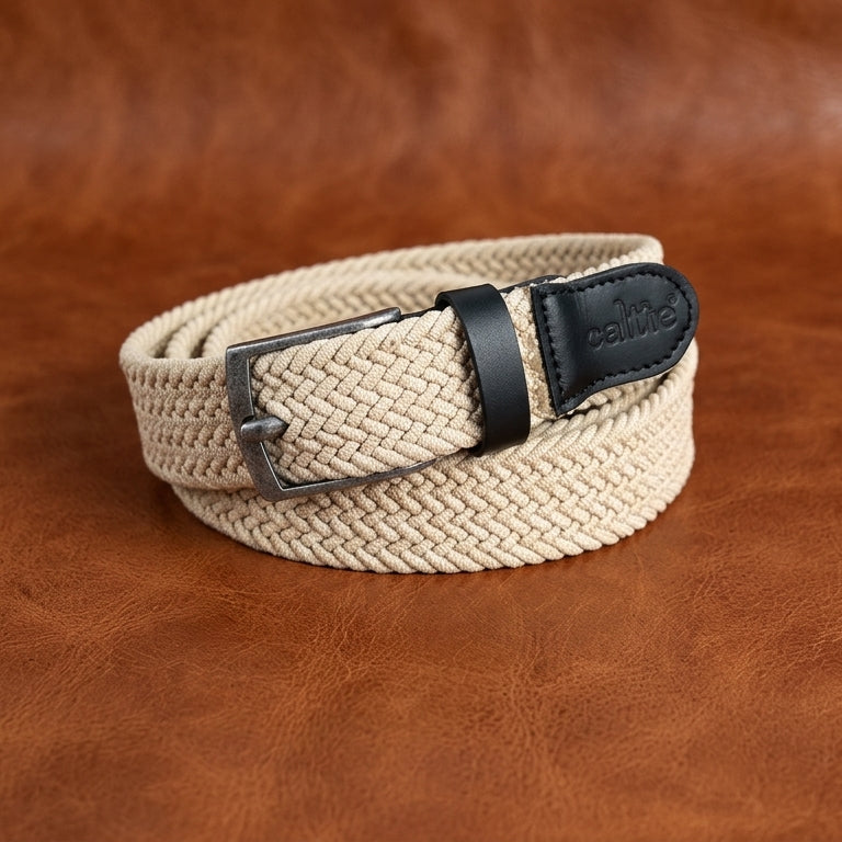 Unisex Woven Beige Belt With Black Leather Tip Silver Buckle Casual Formal Wear