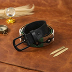 Unisex Handcrafted Leather Belt With Woven Aztec Pattern Antique Buckle For Men