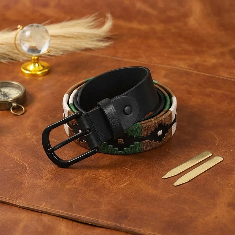 Unisex Handcrafted Leather Belt With Woven Aztec Pattern Antique Buckle For Men