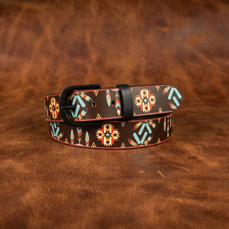 Ethnic Patterned Leather Buckle Strap Handmade Adjustable Designer Waist Accessory