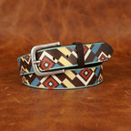 Unisex Handcrafted Patterned Leather Fabric Belt With Vintage Buckle For Casual Wear