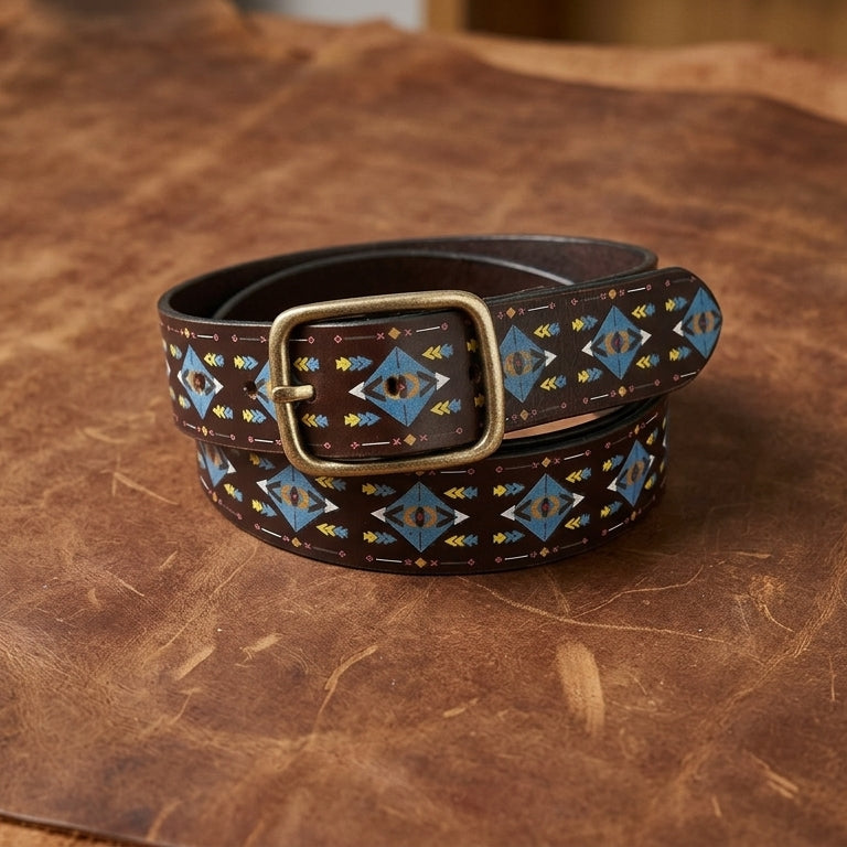 Unisex Handcrafted Tribal Pattern Leather Buckle Waistband Ethnic Style Durable Accessory.