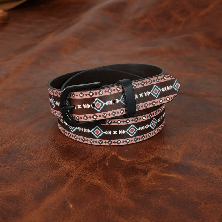 Unisex Geometric Patterned Leather Belt With Black Buckle For Casual Everyday Wear
