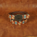 Unisex Aztec Pattern Leather Belt With Antique Buckle Handmade Ethnic Style Accessory.