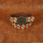 Unisex Aztec Pattern Leather Belt With Antique Buckle Handmade Ethnic Style Accessory.