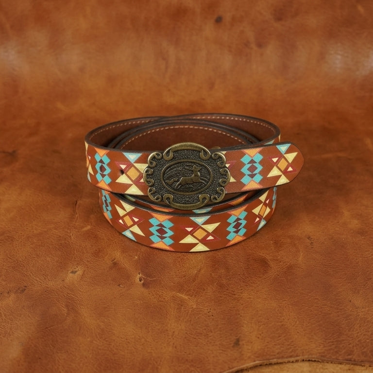 Unisex Aztec Pattern Leather Belt With Antique Buckle Handmade Ethnic Style Accessory.