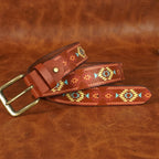 Handcrafted Aztec Pattern Leather Belt With Antique Buckle For Casual Ethnic Styling