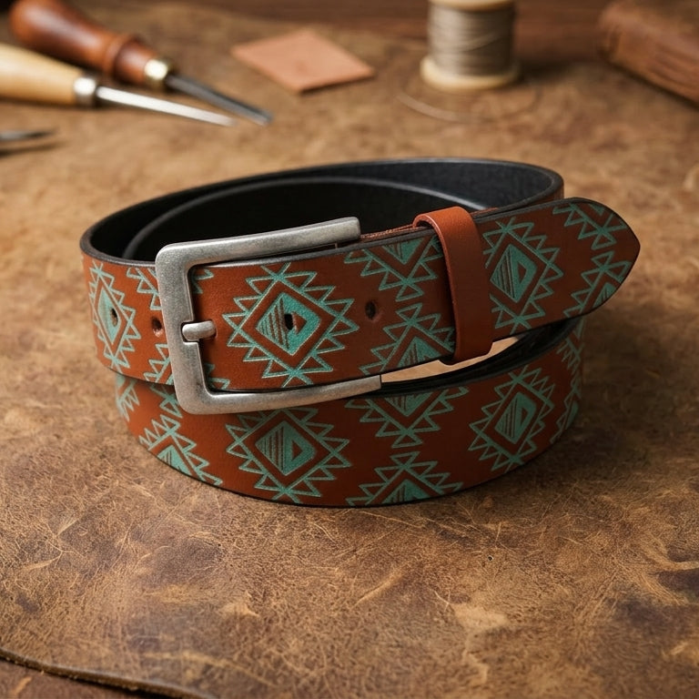 Unisex Geometric Ethnic Printed Leather Belt With Silver Buckle For Casual Wear