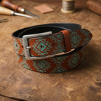 Unisex Geometric Ethnic Printed Leather Belt With Silver Buckle For Casual Wear