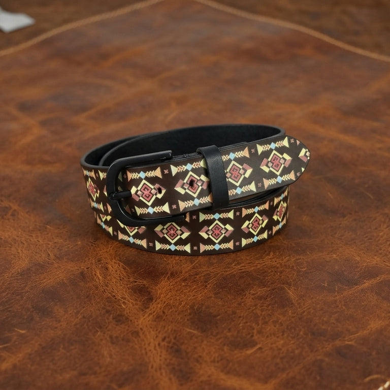 Unisex Geometric Patterned Canvas Leather Belt With Metal Buckle For Casual Everyday Wear