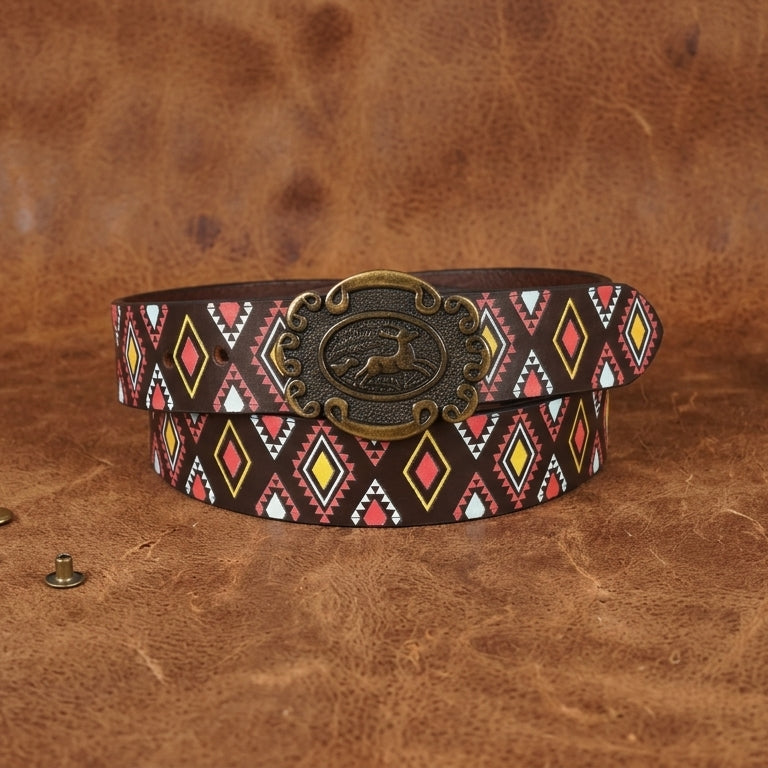 Unisex Tribal Patterned Leather Belt With Antique Medallion Buckle For Casual Western Wear