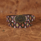 Unisex Tribal Patterned Leather Belt With Antique Medallion Buckle For Casual Western Wear