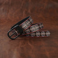 Unisex Tribal Patterned Leather Belt With Geometric Print Matte Black Buckle Handmade Style.