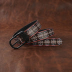 Unisex Tribal Patterned Leather Belt With Geometric Print Matte Black Buckle Handmade Style.