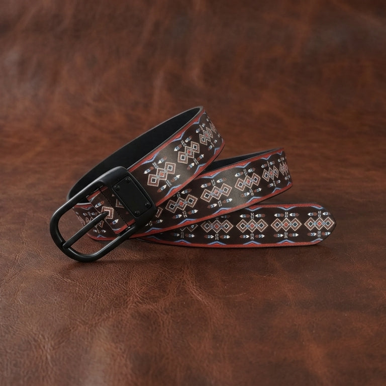 Unisex Tribal Patterned Leather Belt With Geometric Print Matte Black Buckle Handmade Style.