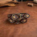 Unisex Ethnic Geometric Pattern Belt with Metal Buckle for Casual Traditional Wear