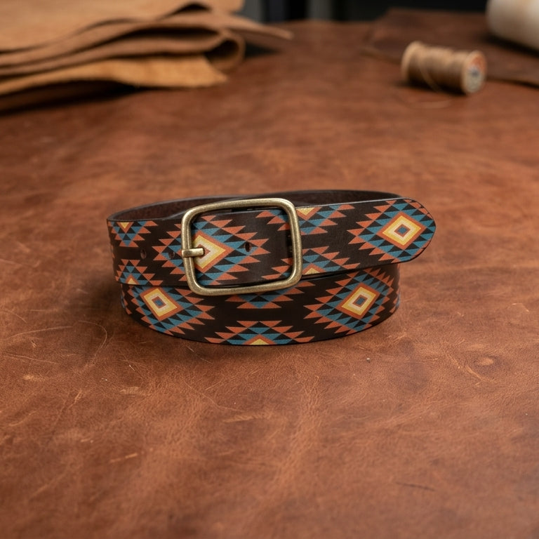 Unisex Ethnic Geometric Pattern Belt with Metal Buckle for Casual Traditional Wear