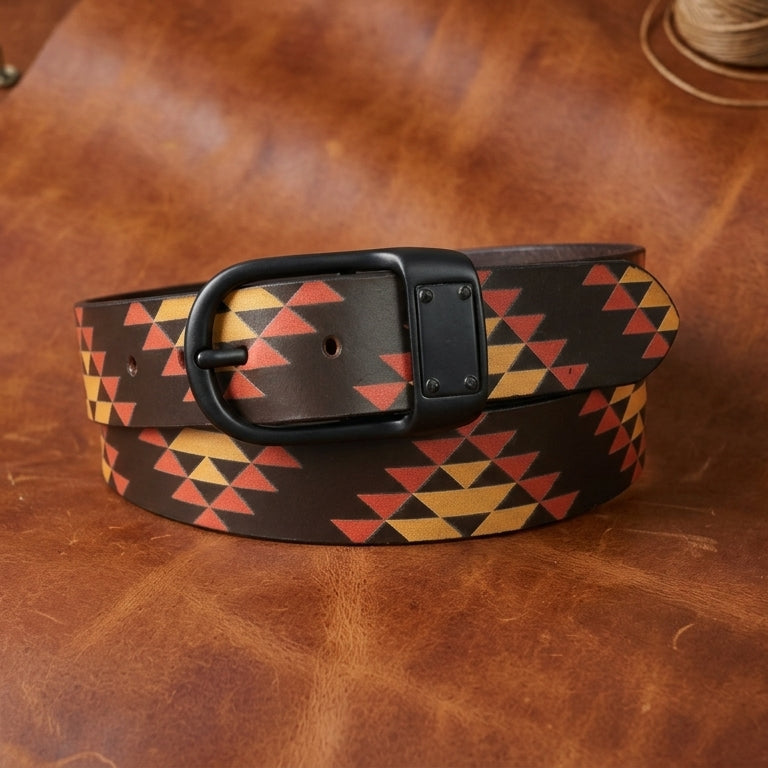 Unisex Geometric Tribal Print Leather Belt With Matte Black Buckle Stylish Casual Wear