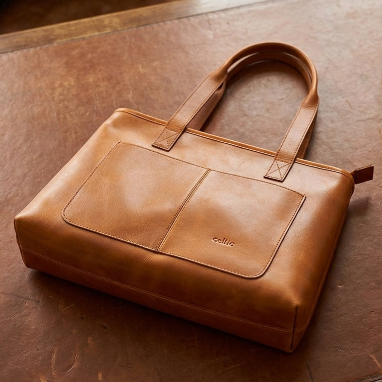 Women’s Leather Tote Bag with Front Pockets – Structured Laptop Shoulder bag