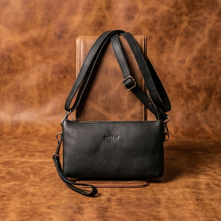 Premium Black Genuine Leather Sling Clutch with Dual Zip Compartments & Adjustable Strap