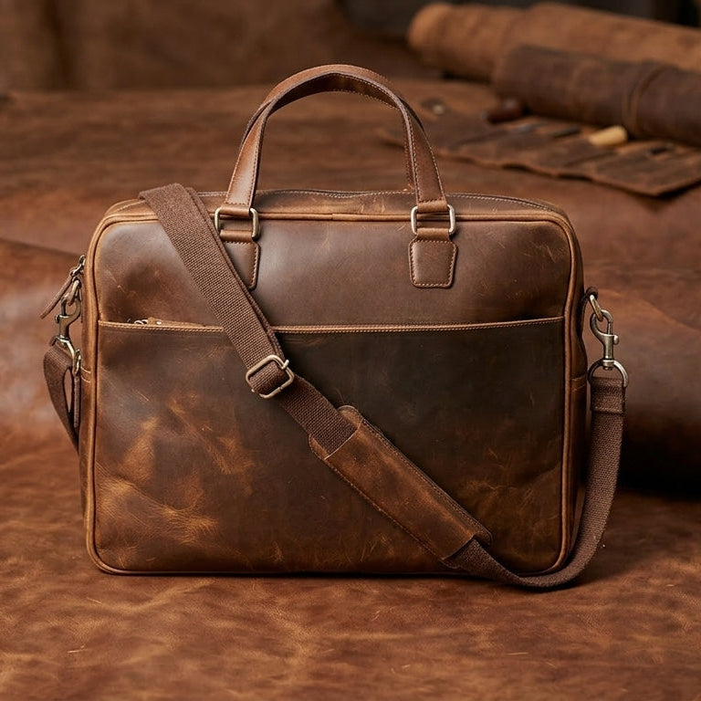 Vintage Full-Grain Leather Office Briefcase with Adjustable Shoulder Strap