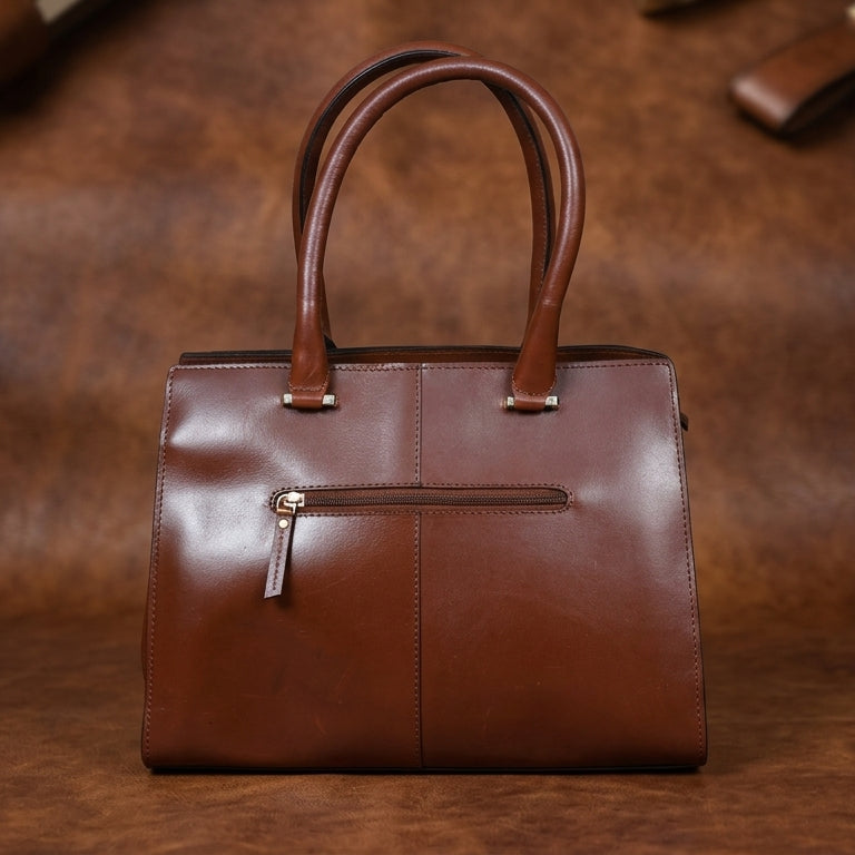 Premium Genuine Leather Structured Tote Handbag with Dual Zip Compartments.