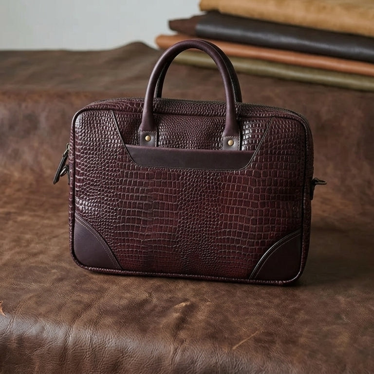 Premium Genuine Leather Messenger Bag in Croco Texture with Zip Closure