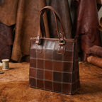 Genuine Leather Brown Tote Bag with Check Stitch Design and Top Zip Closure