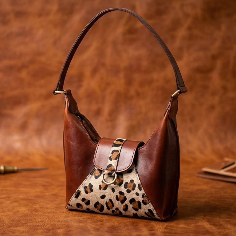 Brown Leather Shoulder Bag with Leopard-Print Hairon Panel – Elegant & Compact Handbag